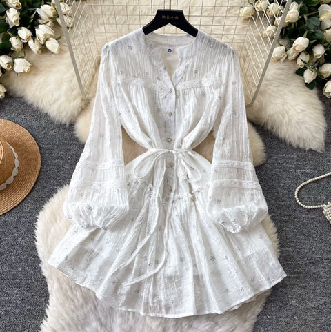 Fairy V-neck Floral Lace Shirt Dress