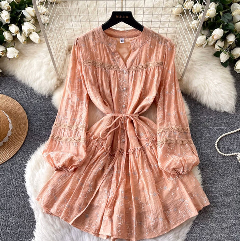 Fairy V-neck Floral Lace Shirt Dress