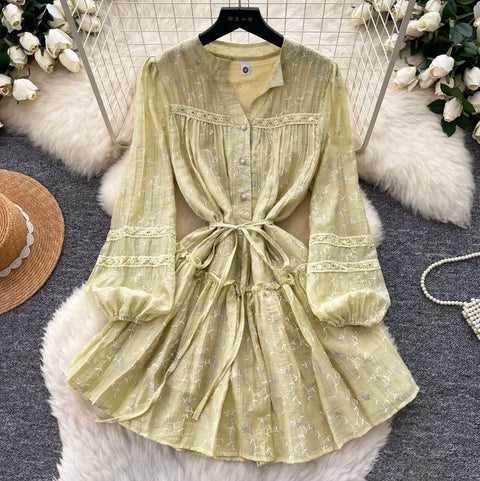 Fairy V-neck Floral Lace Shirt Dress