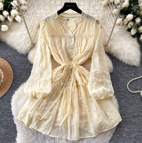 Fairy V-neck Floral Lace Shirt Dress