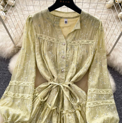 Fairy V-neck Floral Lace Shirt Dress