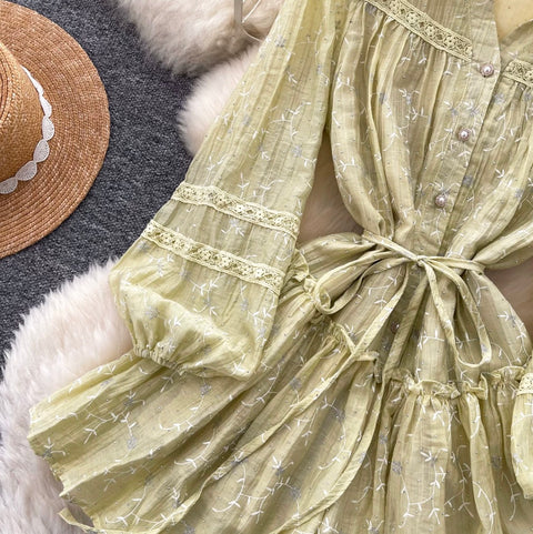 Fairy V-neck Floral Lace Shirt Dress