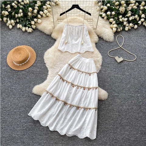 Hollowed Embroidered Camisole & Skirt 2Pcs
