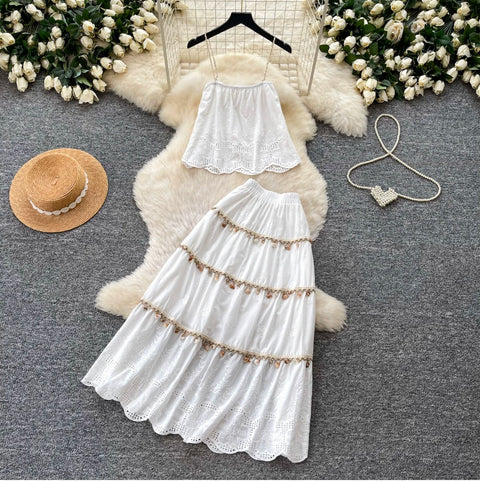 Hollowed Embroidered Camisole & Skirt 2Pcs