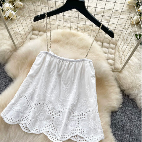 Hollowed Embroidered Camisole & Skirt 2Pcs