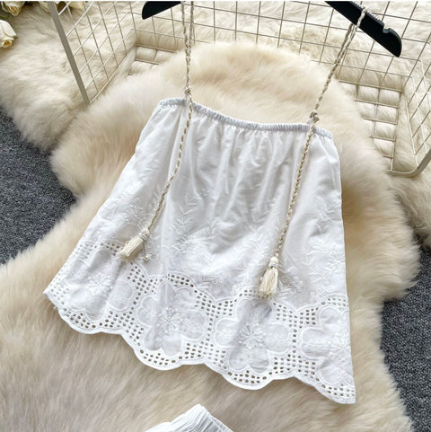 Hollowed Embroidered Camisole & Skirt 2Pcs