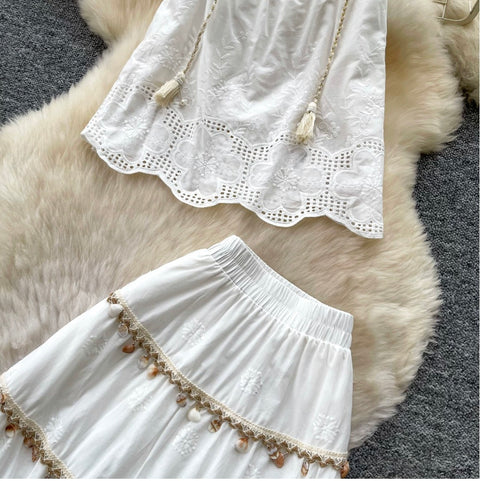 Hollowed Embroidered Camisole & Skirt 2Pcs