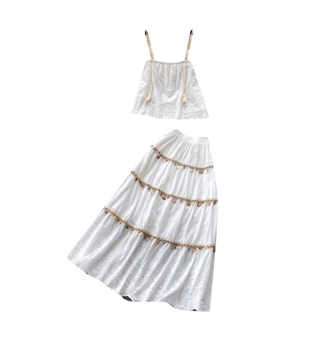 Hollowed Embroidered Camisole & Skirt 2Pcs