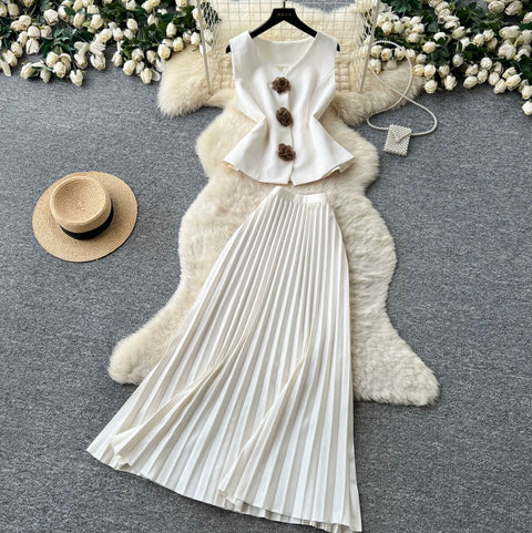 Elegant Vest & Pleated Skirt 2Pcs
