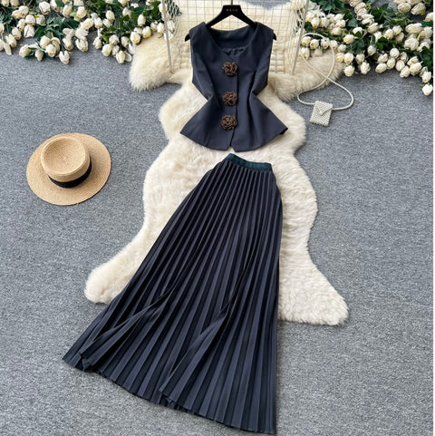 Elegant Vest & Pleated Skirt 2Pcs