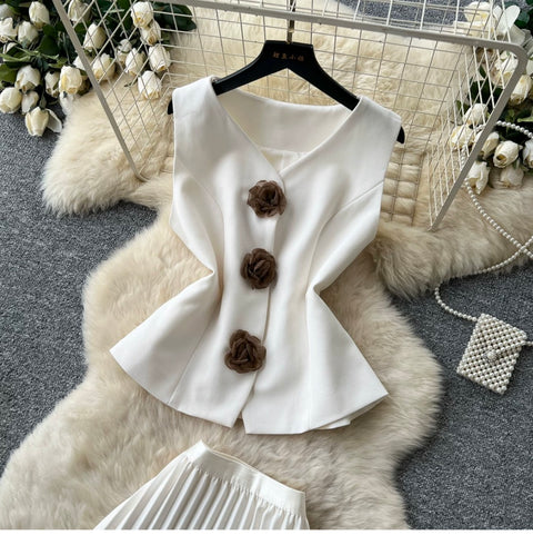 Elegant Vest & Pleated Skirt 2Pcs