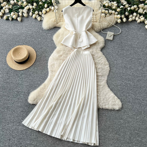 Elegant Vest & Pleated Skirt 2Pcs