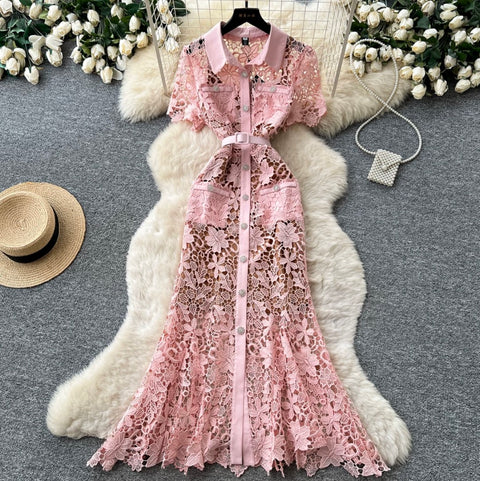 Hollowed Lace Dress 2Pcs Set