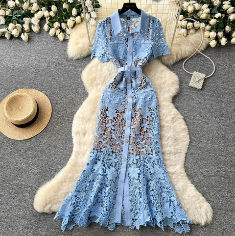 Hollowed Lace Dress 2Pcs Set