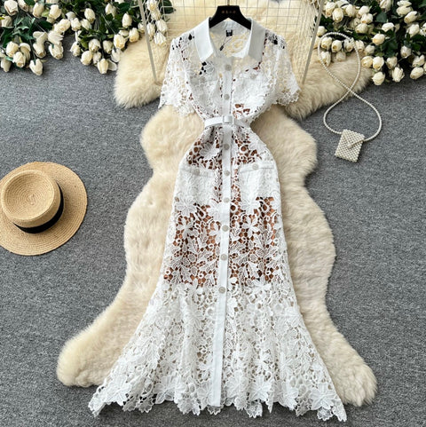 Hollowed Lace Dress 2Pcs Set
