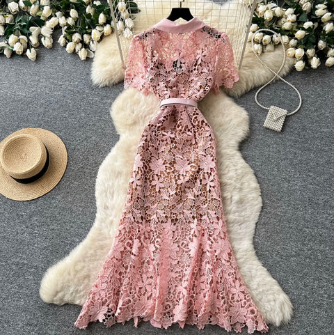 Hollowed Lace Dress 2Pcs Set