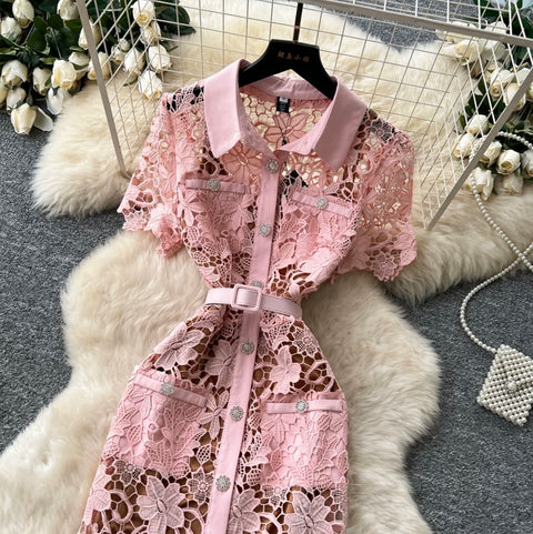 Hollowed Lace Dress 2Pcs Set