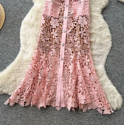 Hollowed Lace Dress 2Pcs Set