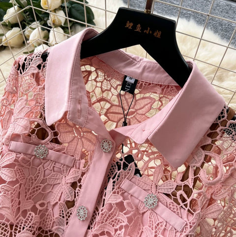 Hollowed Lace Dress 2Pcs Set