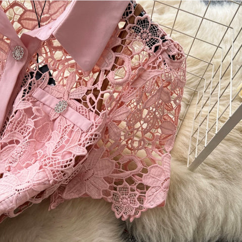 Hollowed Lace Dress 2Pcs Set
