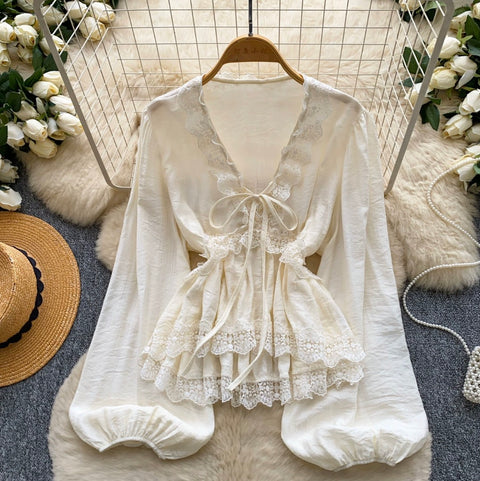 V-neck Lace Patchwork Top