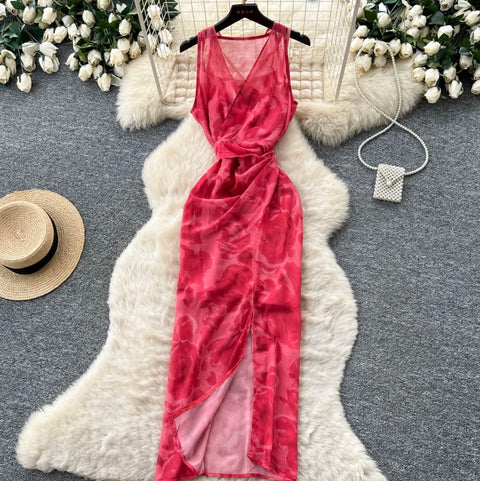 V-neck Red Floral Slip Dress