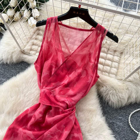 V-neck Red Floral Slip Dress