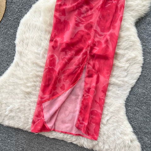 V-neck Red Floral Slip Dress