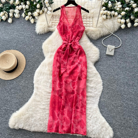 V-neck Red Floral Slip Dress