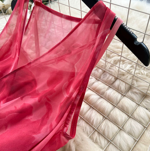 V-neck Red Floral Slip Dress