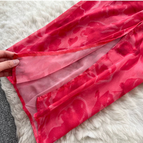 V-neck Red Floral Slip Dress