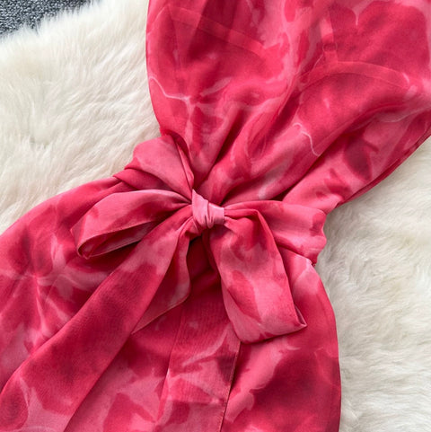V-neck Red Floral Slip Dress