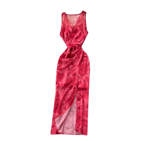 V-neck Red Floral Slip Dress