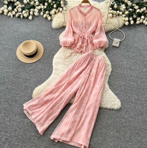 Shirt & Wide-leg Trousers Casual 2Pcs