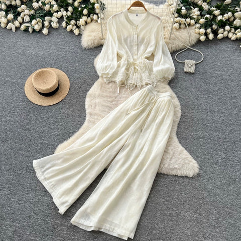 Shirt & Wide-leg Trousers Casual 2Pcs