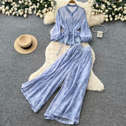 Shirt & Wide-leg Trousers Casual 2Pcs