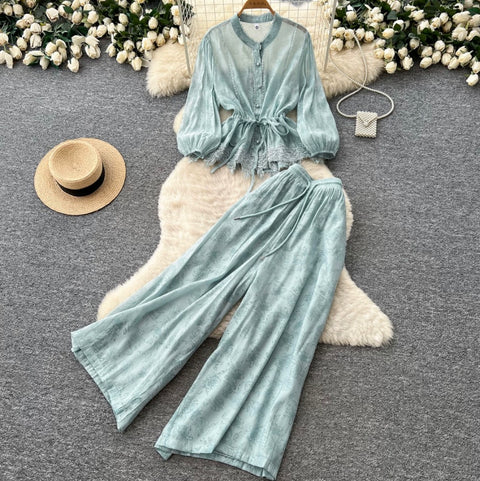 Shirt & Wide-leg Trousers Casual 2Pcs