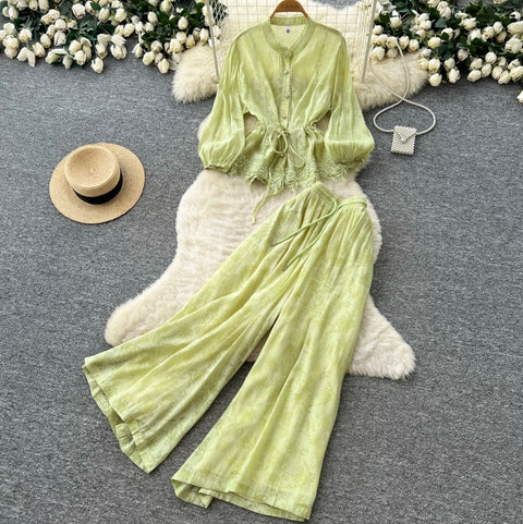 Shirt & Wide-leg Trousers Casual 2Pcs