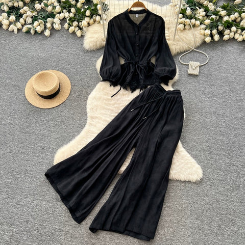 Shirt & Wide-leg Trousers Casual 2Pcs