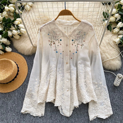 Doll Collar Embroidered White Shirt