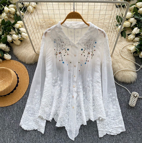 Doll Collar Embroidered White Shirt