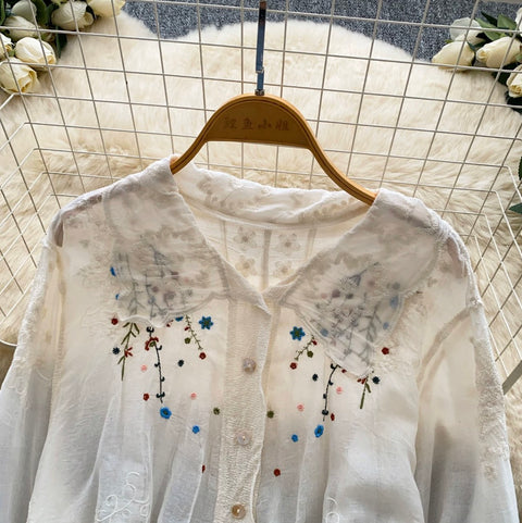 Doll Collar Embroidered White Shirt