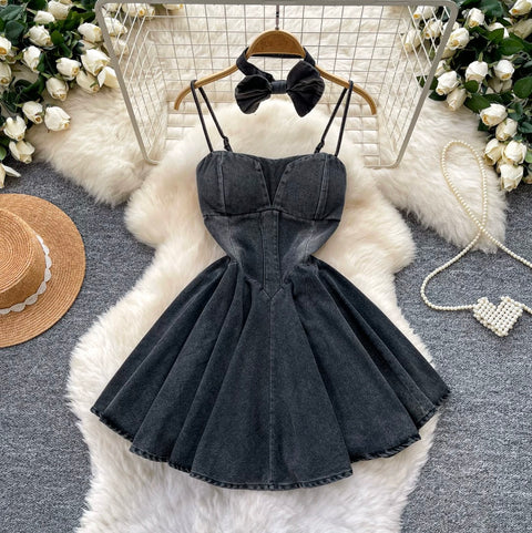 Denim Slip Dress with Bow