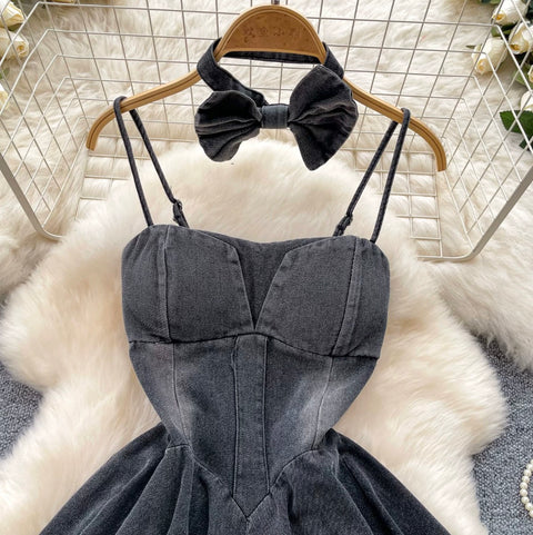Denim Slip Dress with Bow