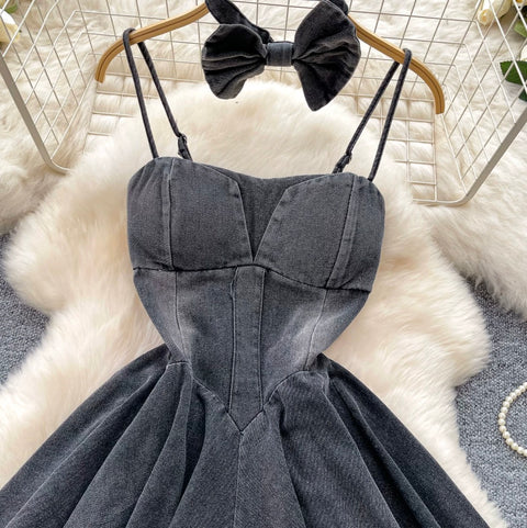 Denim Slip Dress with Bow