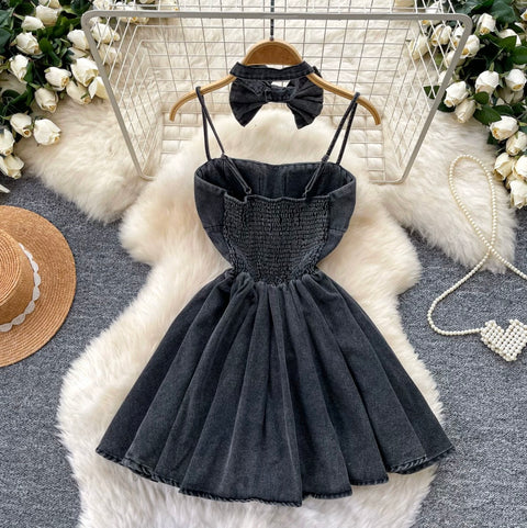 Denim Slip Dress with Bow