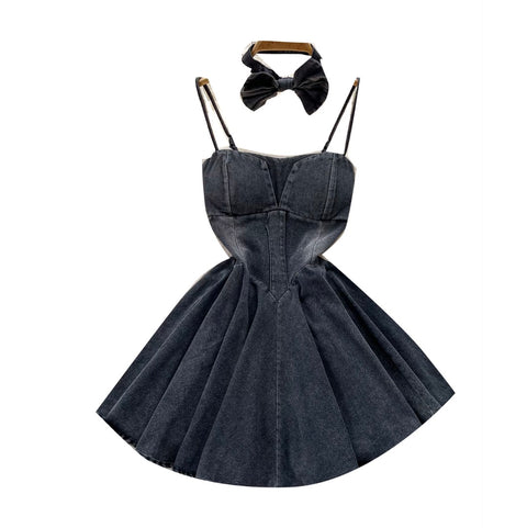 Denim Slip Dress with Bow