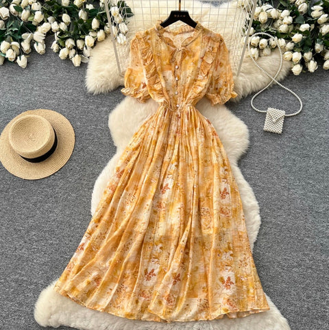 French Style V-neck Floral Dress