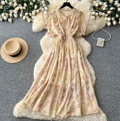 French Style V-neck Floral Dress