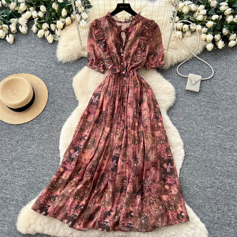 French Style V-neck Floral Dress